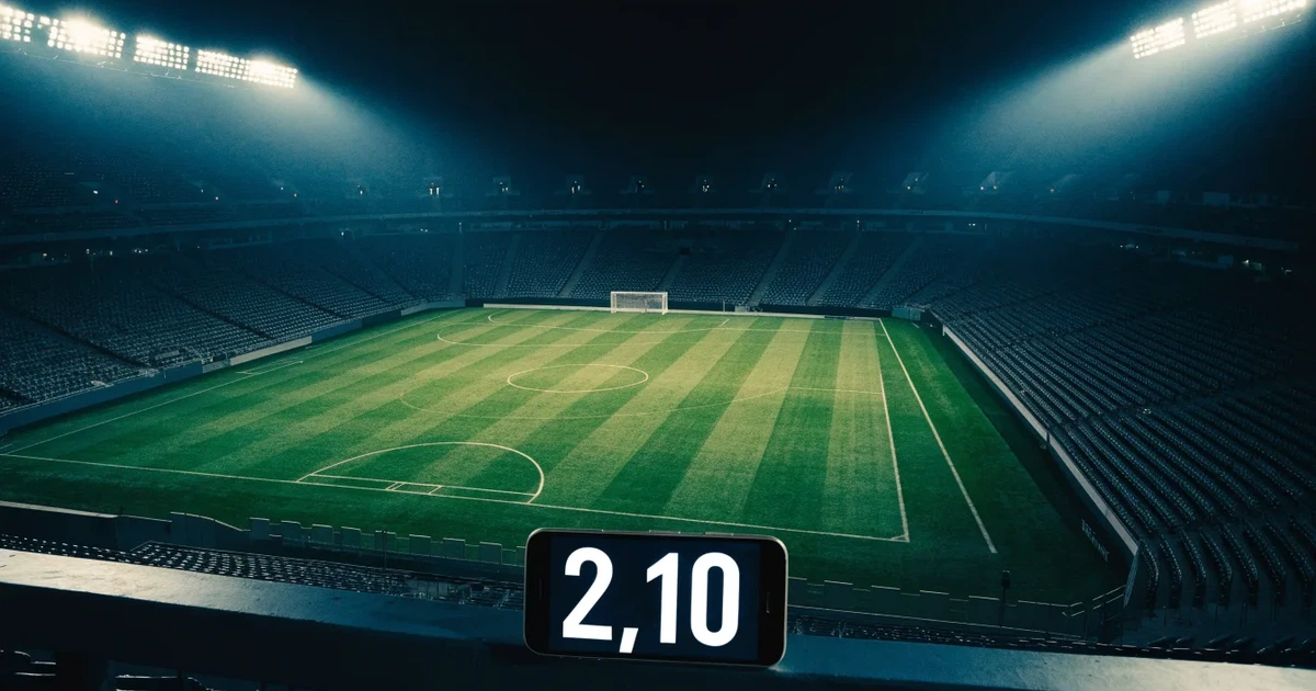 Ein Stadion bei Nacht unter Flutlicht aus der Ferne gesehen, der Rasen ist hell erleuchtet, keine erkennbaren Personen.
