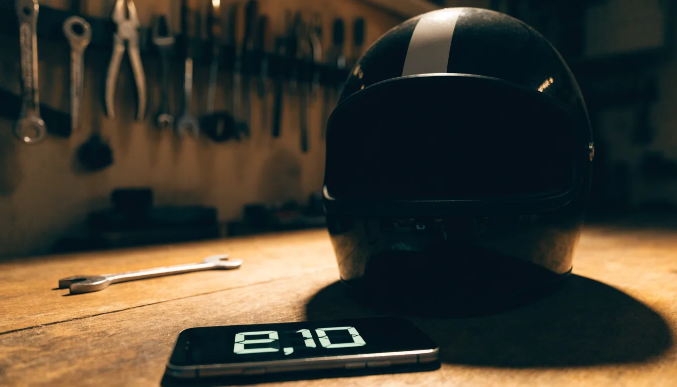 Ein schwarzer Motorradhelm ohne Aufdruck liegt auf einer Werkbank neben einem Schraubenschlüssel, warmes Licht einer Werkstatt.