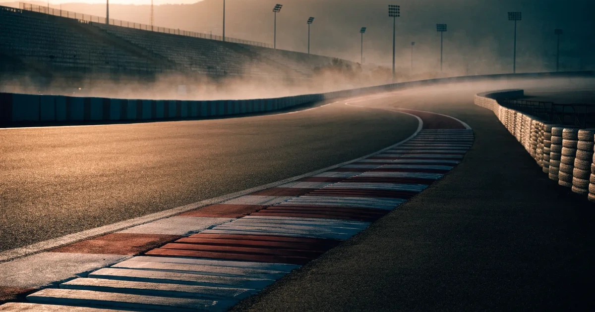 Eine leere Rennstrecke mit rot-weißen Randsteinen im frühen Morgenlicht, auf dem Asphalt liegt dünner Nebel, keine Fahrzeuge.
