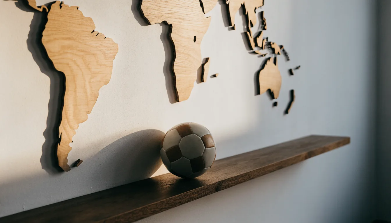 Eine Weltkarte aus Holz hängt an einer Wand, davor liegt ein Fußball auf einem Regal, ohne erkennbare Beschriftung.