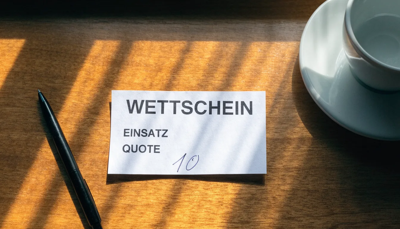 Ein leerer Wettschein aus Papier liegt neben einem Kugelschreiber und einer Tasse Kaffee auf einem Holztisch, Aufnahme von oben.