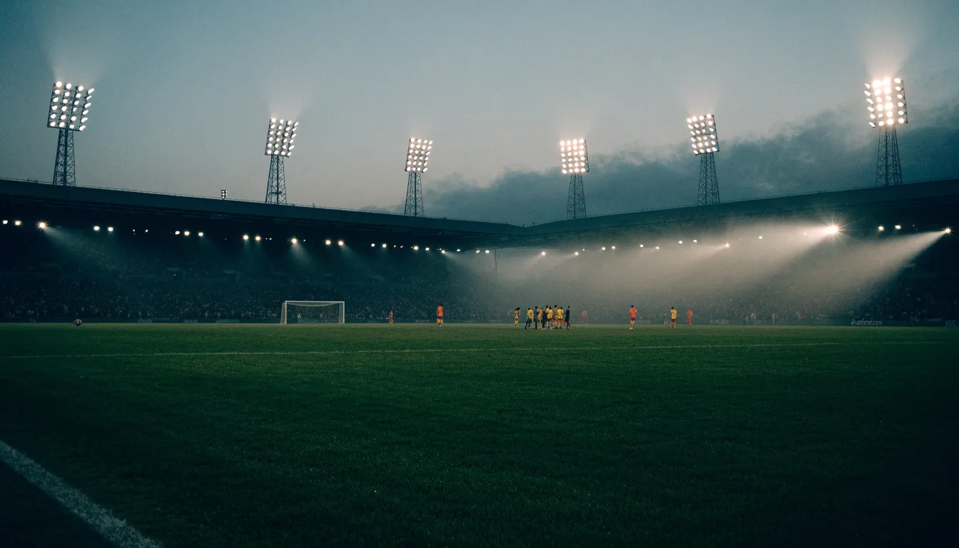 Ein großes Stadion unter Flutlicht, aus der Ferne über eine dunkle Wiese gesehen, die Lichtmasten spiegeln sich im Dunst der Abenddämmerung.