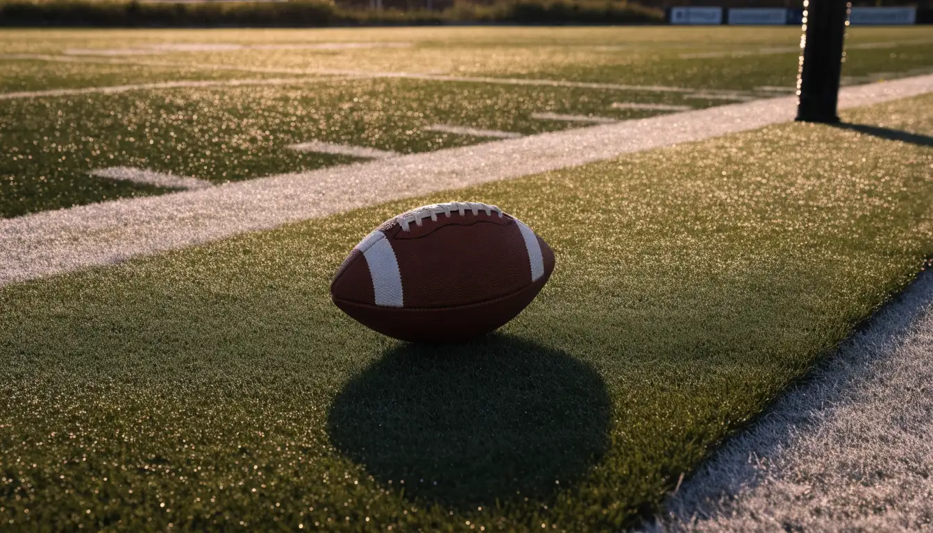 Ein ovaler Lederball mit heller Schnürung liegt auf dem Rasen vor der Endzone, Tau auf dem Gras im ersten Morgenlicht.