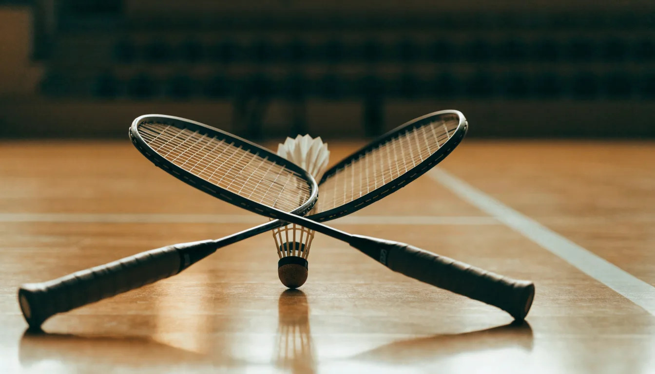 Zwei Badmintonschläger und ein Federball liegen auf einem Holzboden neben der Seitenlinie, weiches Licht fällt von der Seite ein.