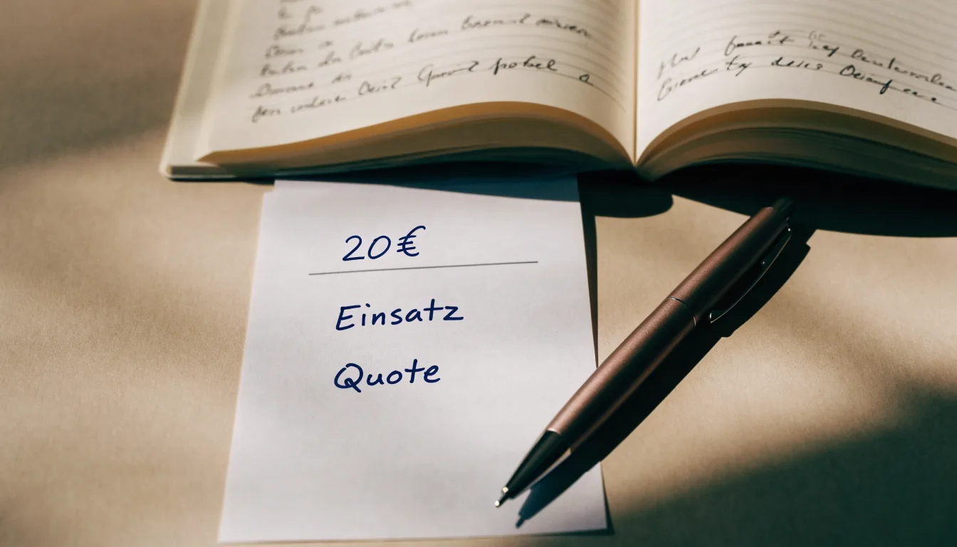 Ein leerer Papierwettschein und ein Kugelschreiber auf einer glatten Schreibtischplatte, daneben ein aufgeschlagenes Notizbuch mit handschriftlichen Notizen.