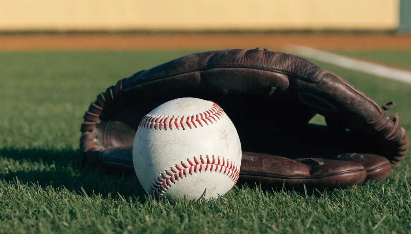 Ein weißer Baseball und ein Lederhandschuh liegen auf kurz geschnittenem Gras, im Hintergrund eine verschwommene Spielfeldbande.