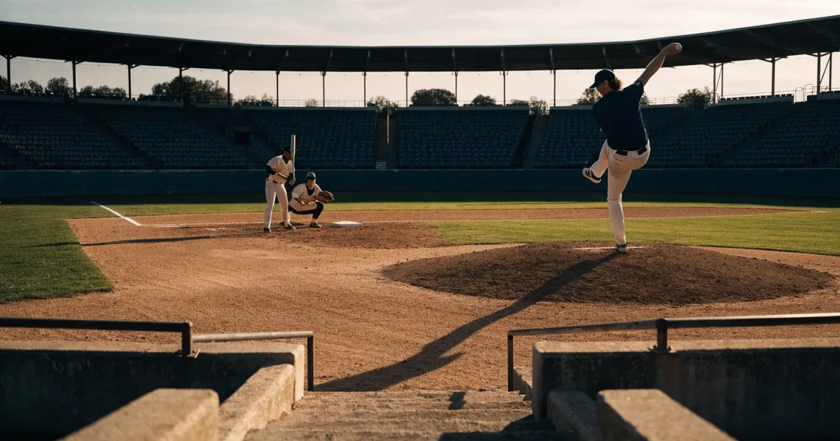Ein Baseballfeld mit dem hellbraunen Infield und gepflegtem Rasen, von der Tribüne aus gesehen, die Ränge leer, tiefe Abendsonne.
