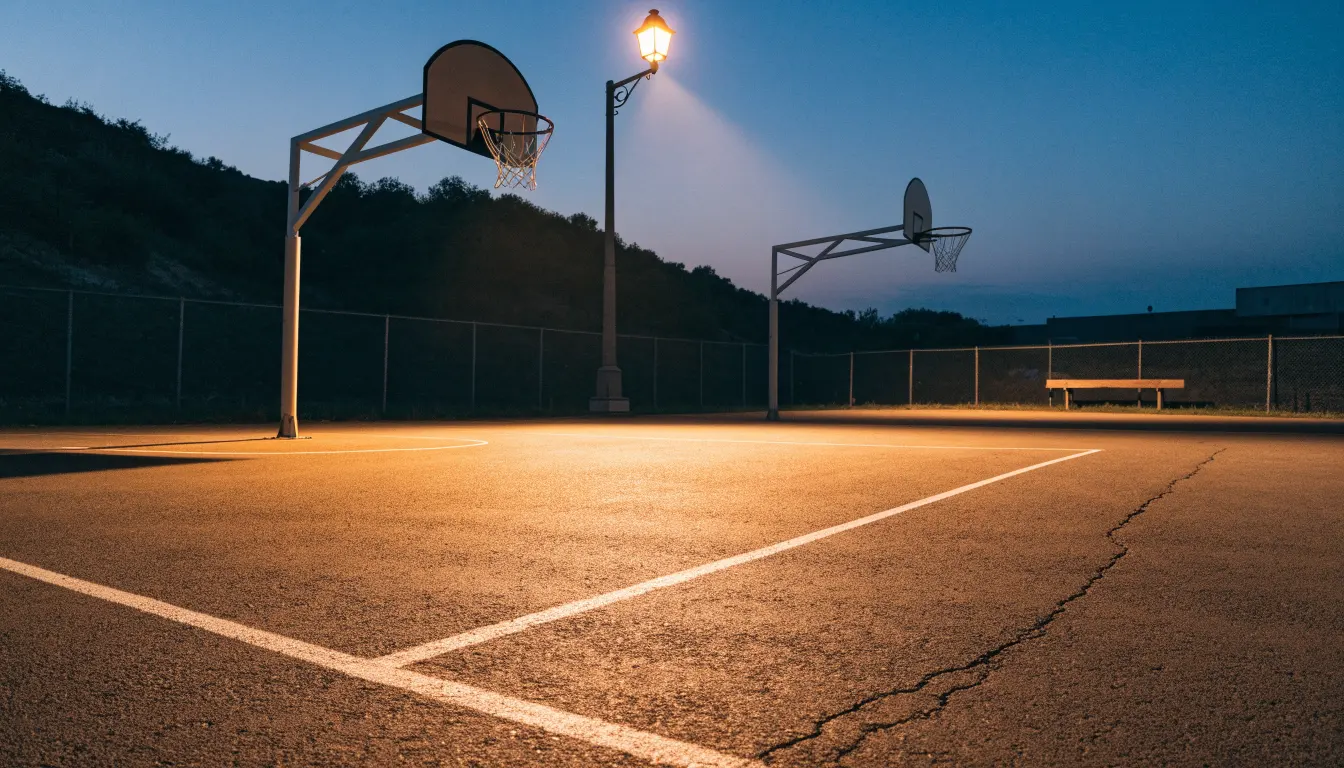 Ein Freiluft-Basketballplatz am Abend mit Asphalt, Linien und zwei Körben unter einer Straßenlaterne.
