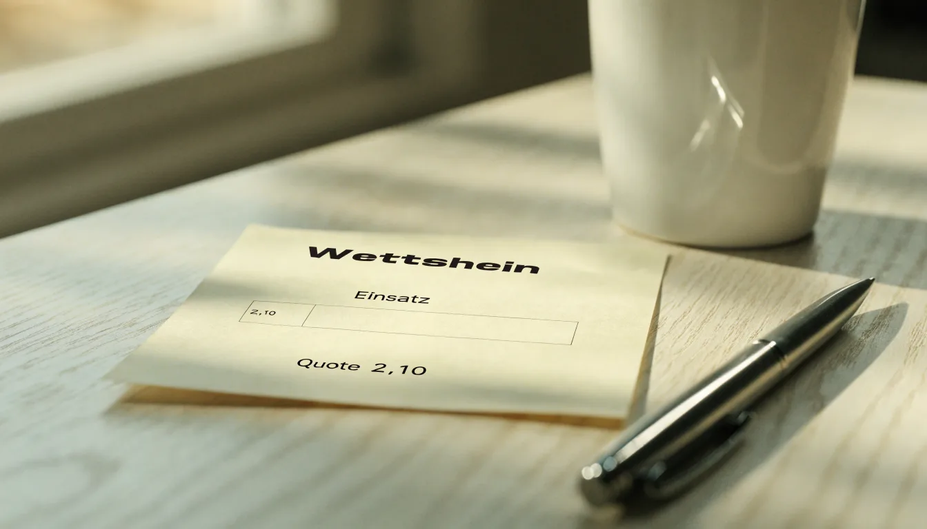 Ein leerer Wettschein aus Papier liegt neben einem Kugelschreiber und einer Tasse auf einem hellen Holztisch.