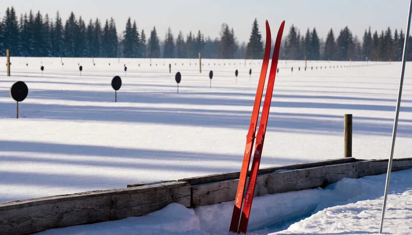 Ein Paar Langlaufskier steckt aufrecht im Schnee neben einem leeren Schießstand mit runden Zielscheiben, kaltes Winterlicht.