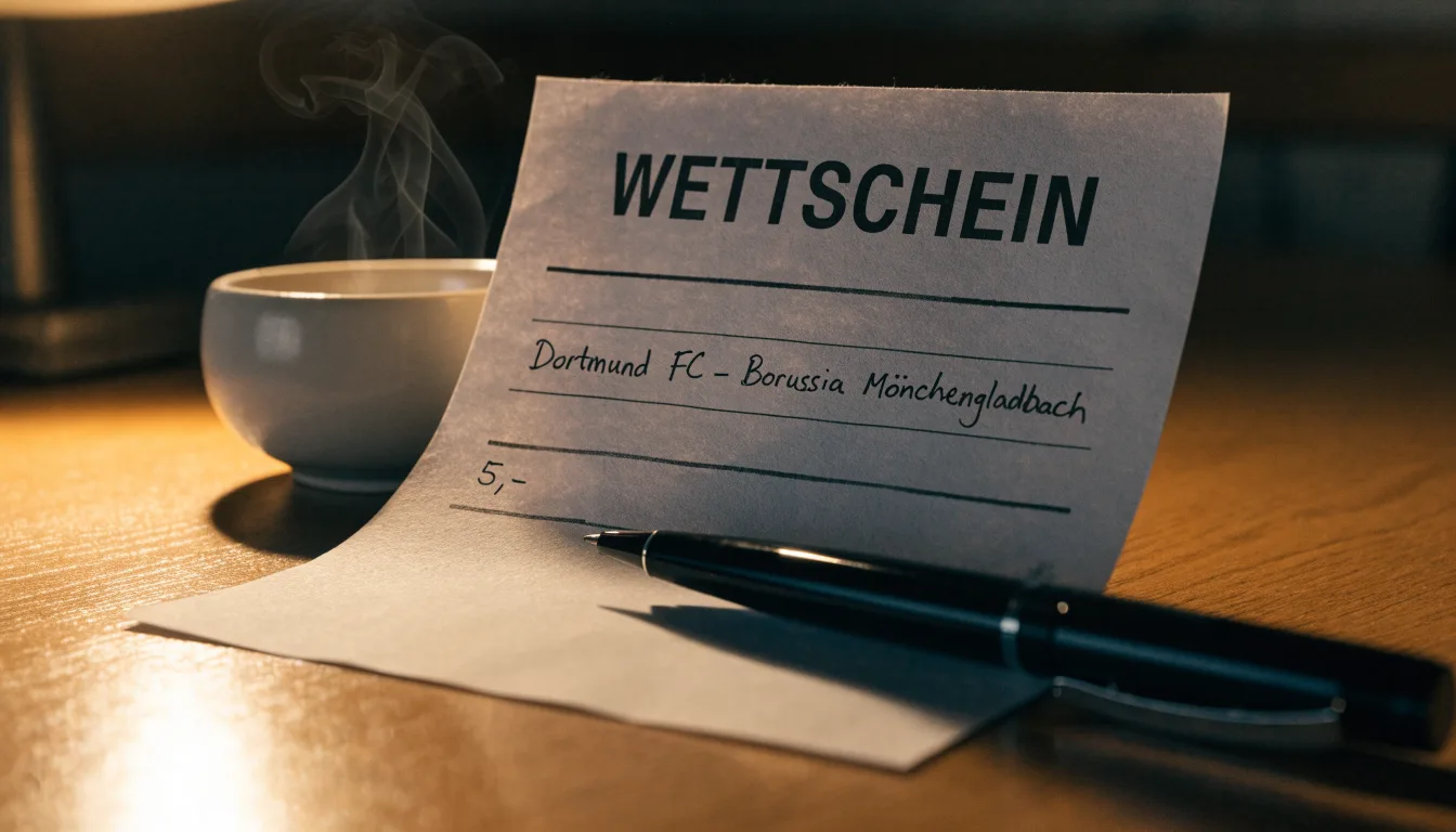 Ein leerer Papierwettschein und ein Kugelschreiber liegen auf einem Holztisch neben einer Tasse, warmes Licht einer Lampe.