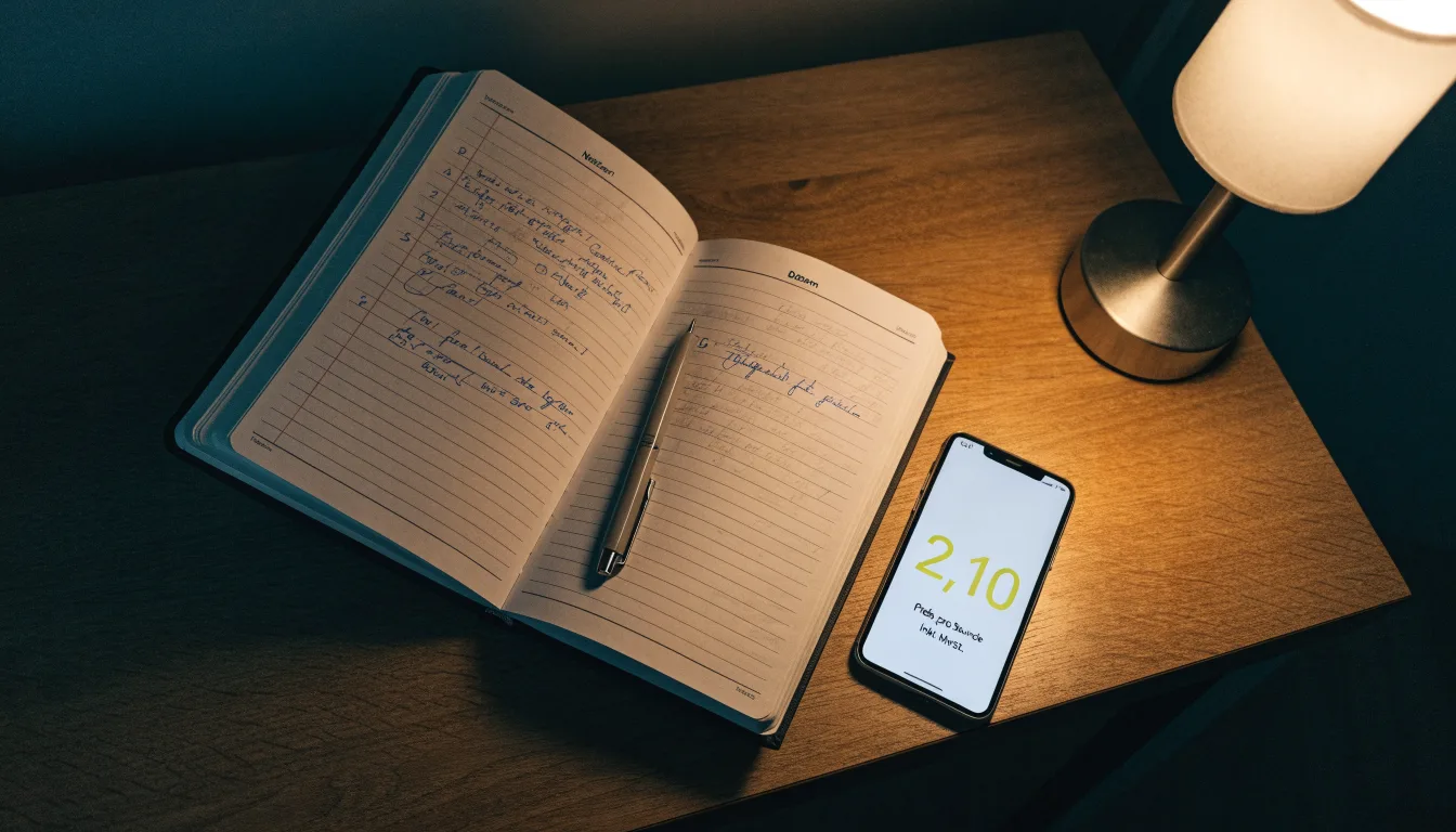 Ein Notizbuch mit handschriftlichen Notizen und ein Bleistift liegen neben einer Tischlampe auf einem Schreibtisch, ruhiges Abendlicht.