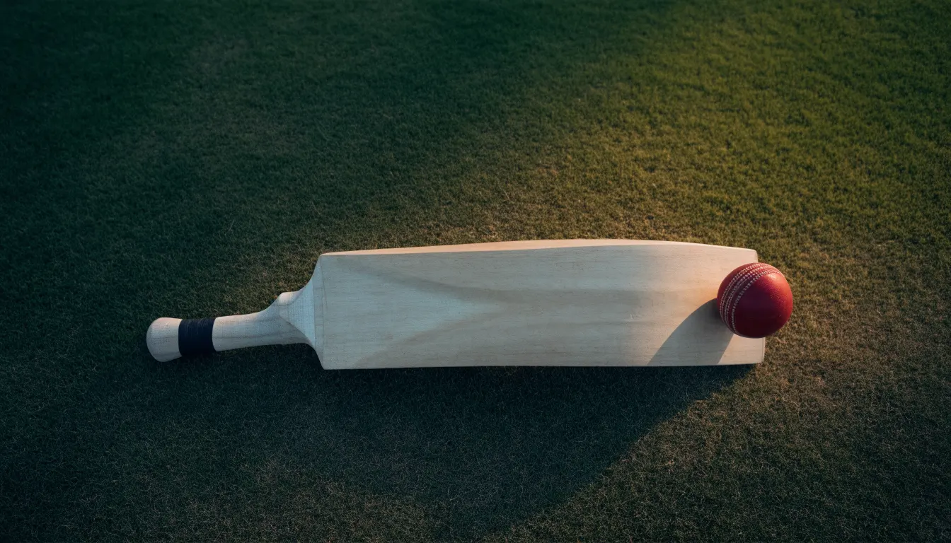 Ein Cricketschläger aus hellem Holz und ein roter Lederball liegen auf kurzem Rasen, weiches Abendlicht.