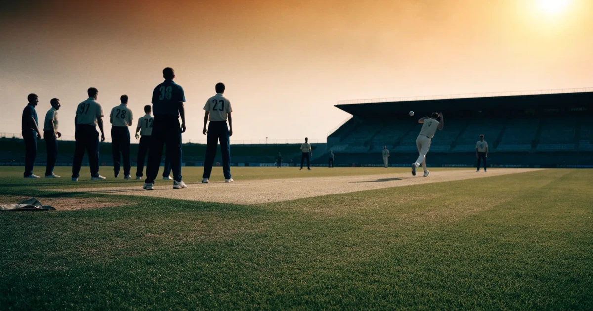 Ein weites grünes Cricketfeld mit einem hellen Streifen in der Mitte, tief stehende Sonne, im Hintergrund eine leere Tribüne.