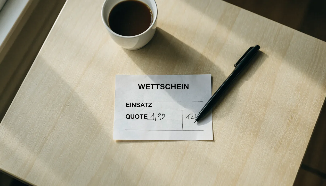 Ein leerer Wettschein aus Papier liegt neben einem Kugelschreiber und einer Tasse auf einem hellen Holztisch.