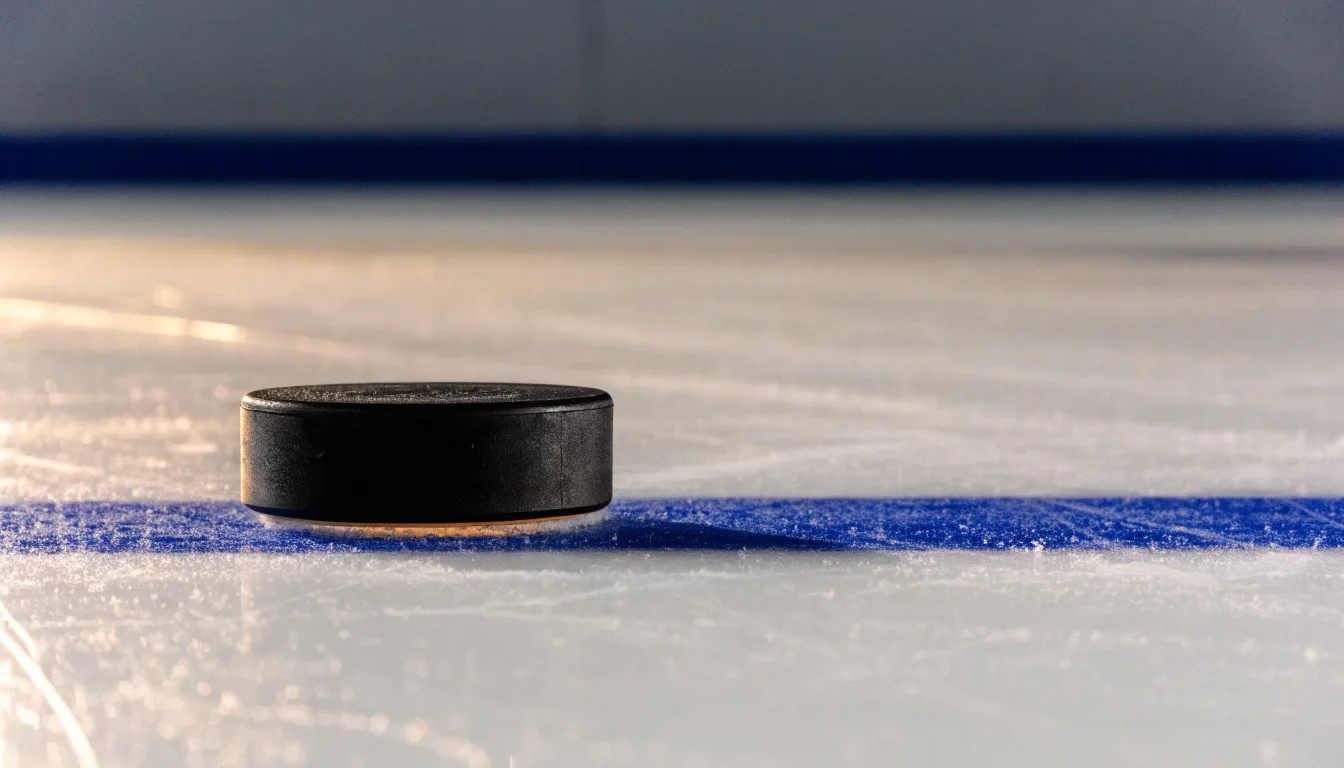 Ein schwarzer Puck liegt auf frisch aufbereitetem Eis neben der blauen Linie, Lichtreflexe auf der Fläche.