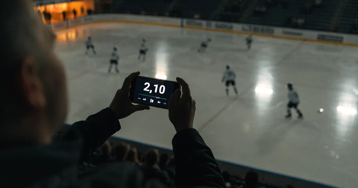 Eine Eishockeyhalle von der Tribüne aus gesehen, spiegelglatte Eisfläche, Banden ohne Schriftzüge, helles Flutlicht.