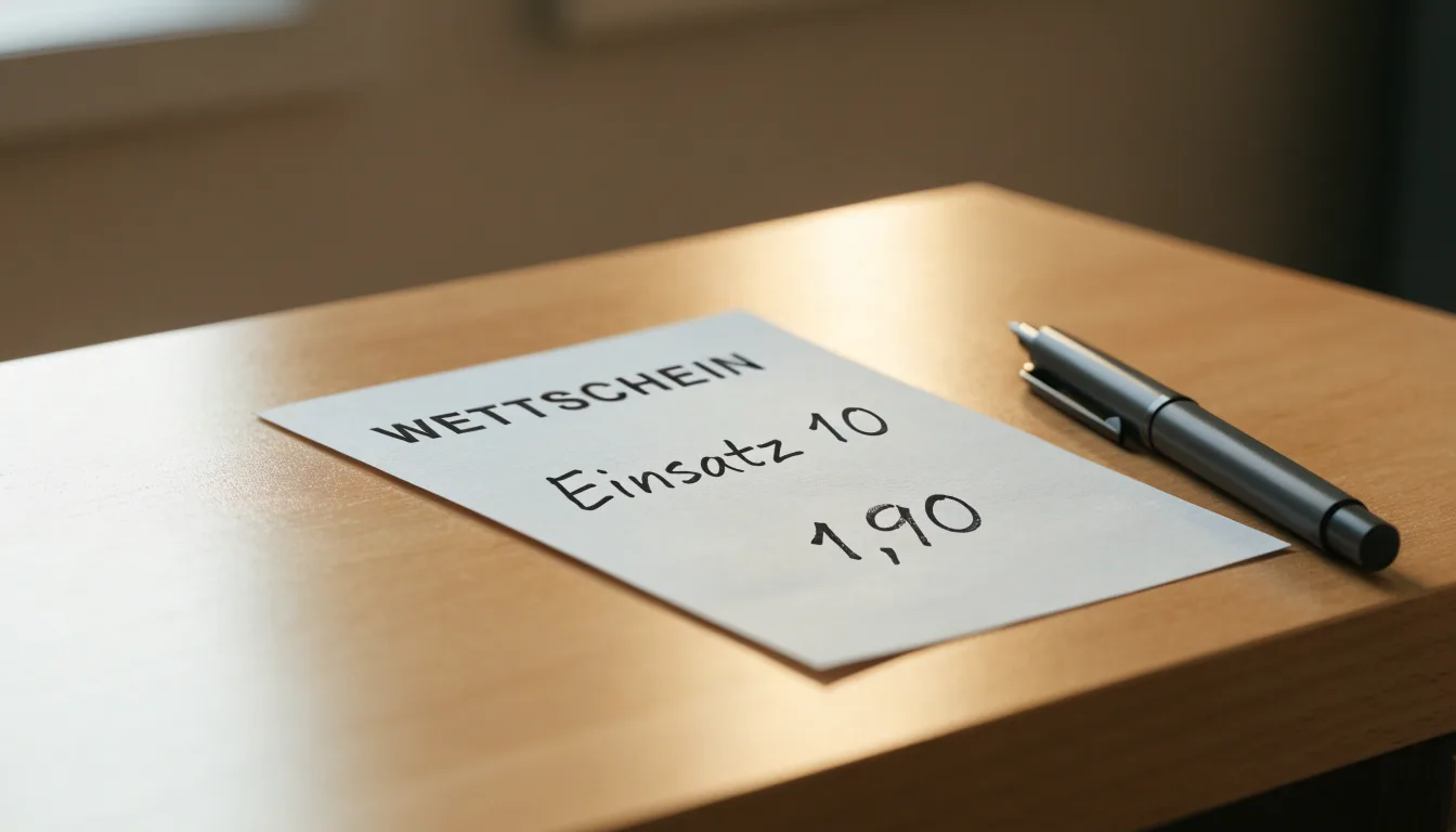 Ein leerer Papierwettschein und ein Kugelschreiber liegen auf einem aufgeräumten Schreibtisch, weiches Licht von einem Fenster.