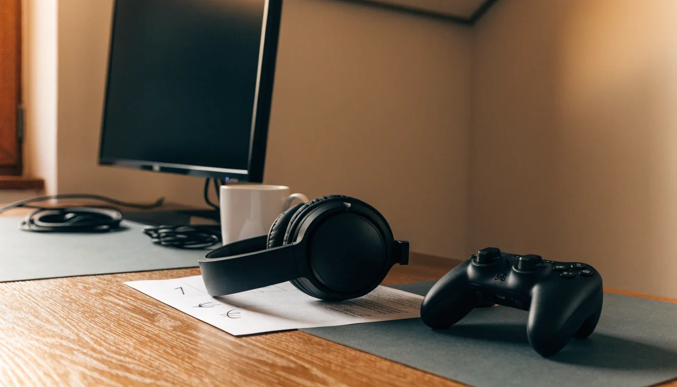 Ein Gamepad und ein Headset liegen auf einem Schreibtisch neben einer Tasse, der Bildschirm im Hintergrund ist ausgeschaltet.