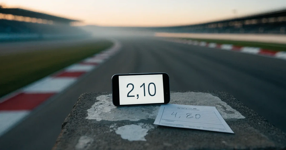 Eine leere Rennstrecke im Morgennebel, Asphalt mit rot-weißen Randsteinen, im Hintergrund Tribünen in der Ferne.