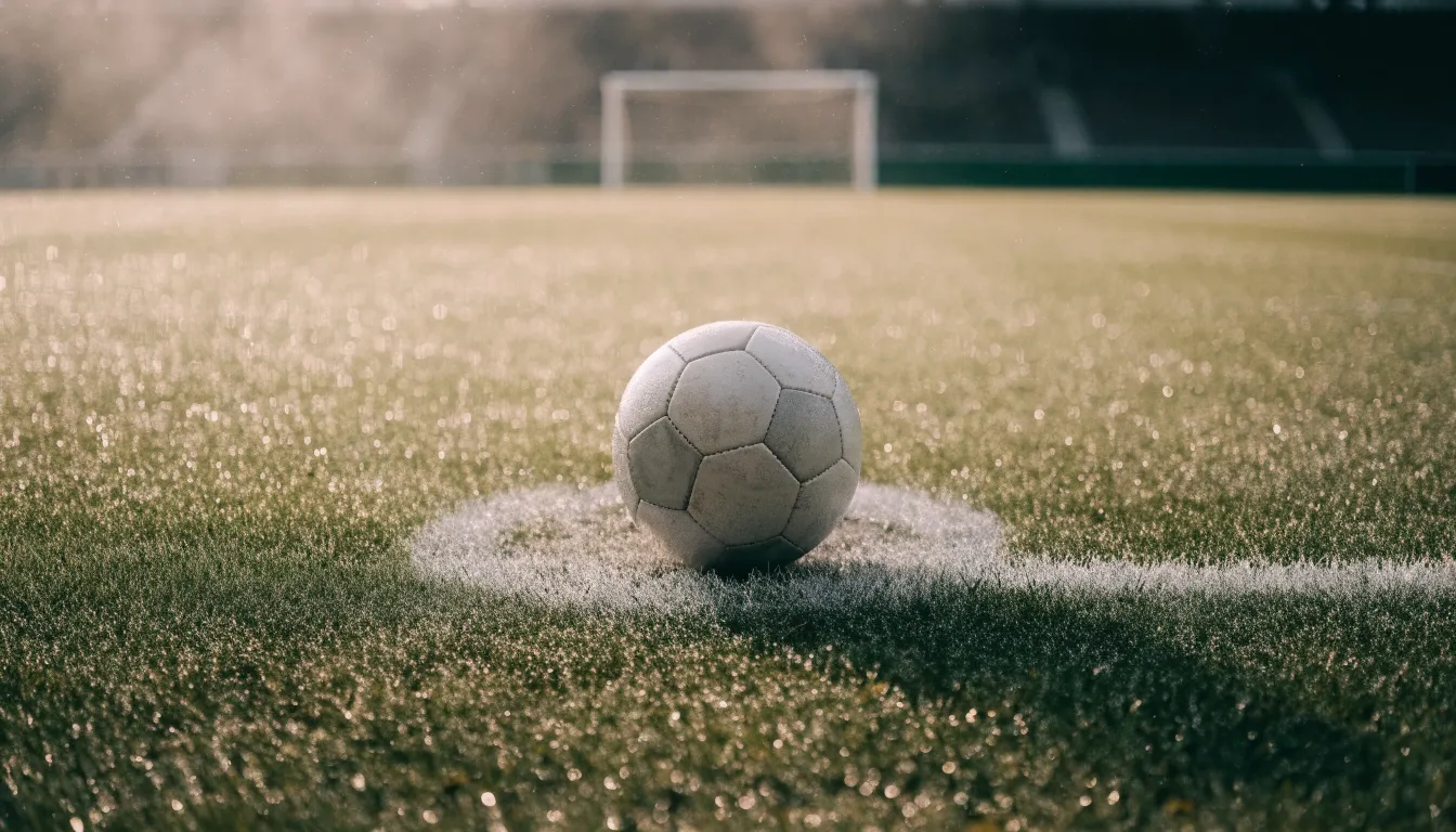Ein Fußball liegt auf dem Elfmeterpunkt eines leeren Rasenplatzes, im Hintergrund unscharf ein Tor im Morgendunst.