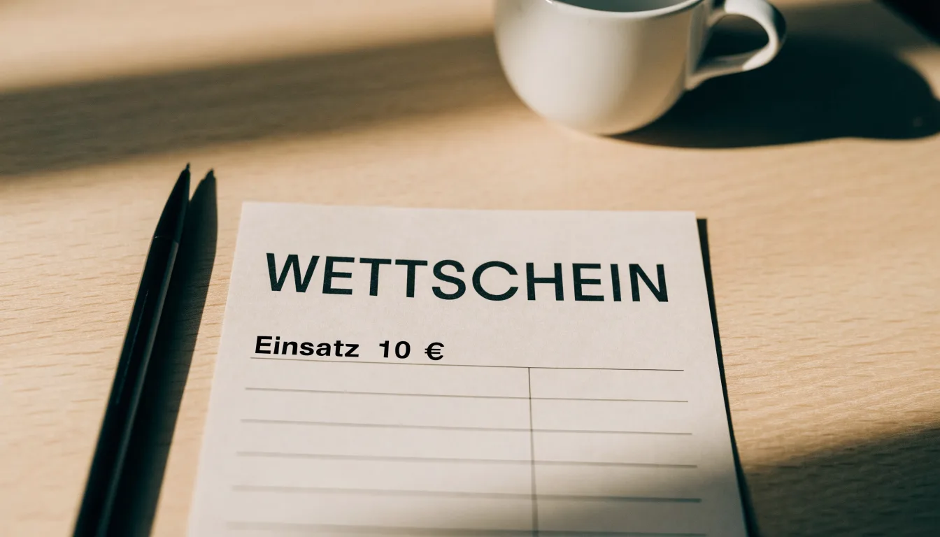 Ein leerer Wettschein aus Papier liegt neben einem Kugelschreiber und einer Tasse auf einem hellen Holztisch.