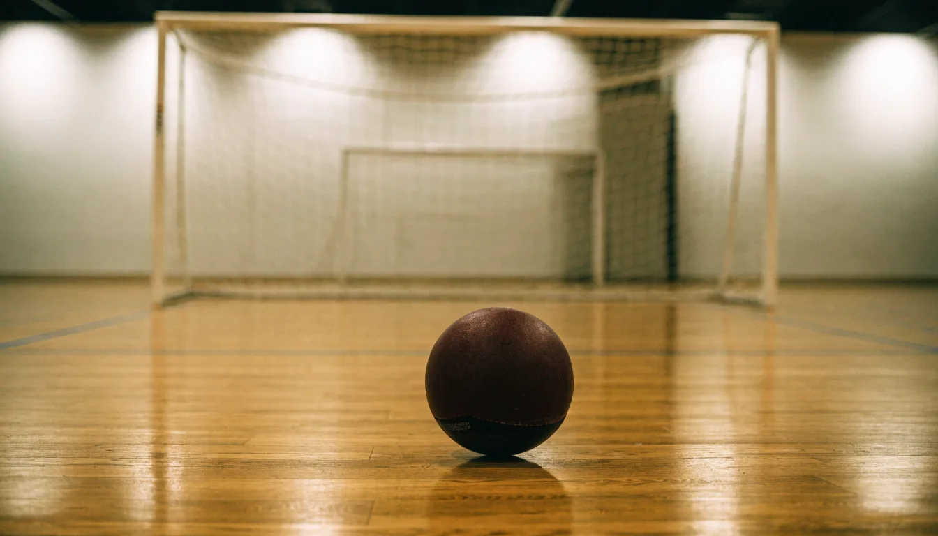 Ein kleiner schwerer Ball liegt in einer Halle auf dem Parkett vor einem Tor, warmes Licht aus den Deckenstrahlern.