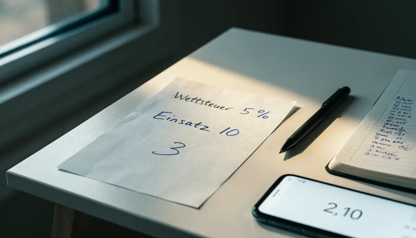 Ein leerer Papierwettschein und ein Kugelschreiber liegen auf einer glatten Schreibtischplatte neben einem Notizbuch.