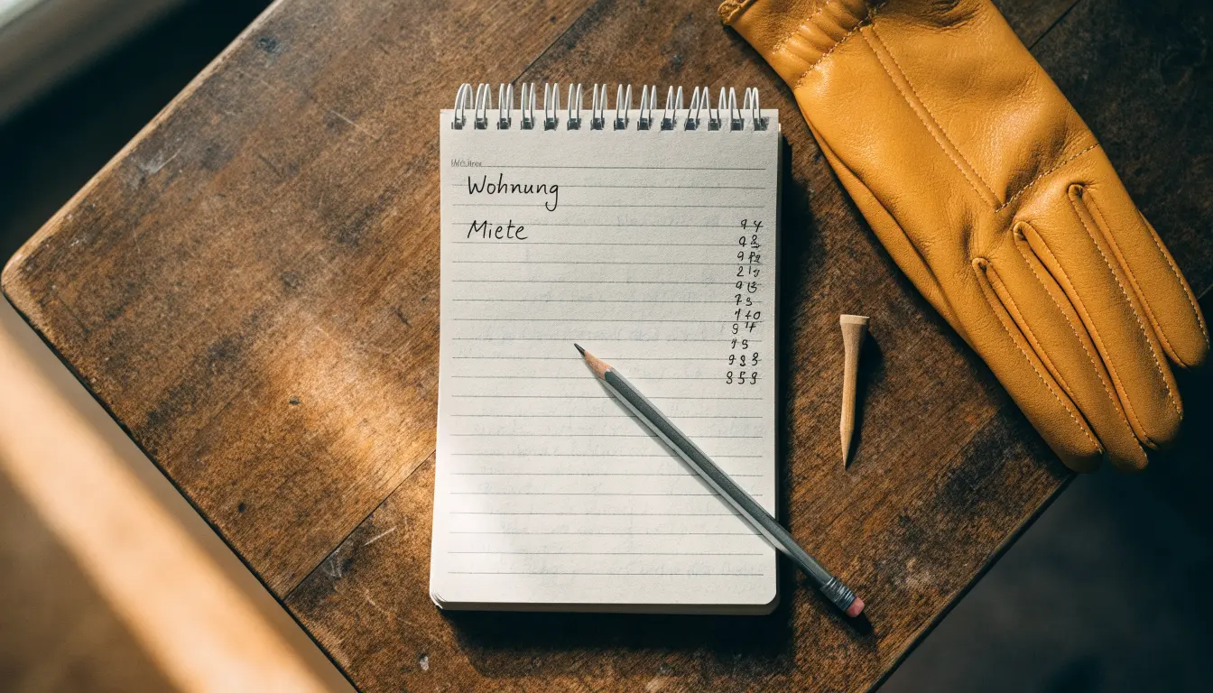 Ein Notizbuch mit handschriftlichen Notizen und ein Bleistift liegen neben einem Golfhandschuh und einem Tee auf einem Holztisch.