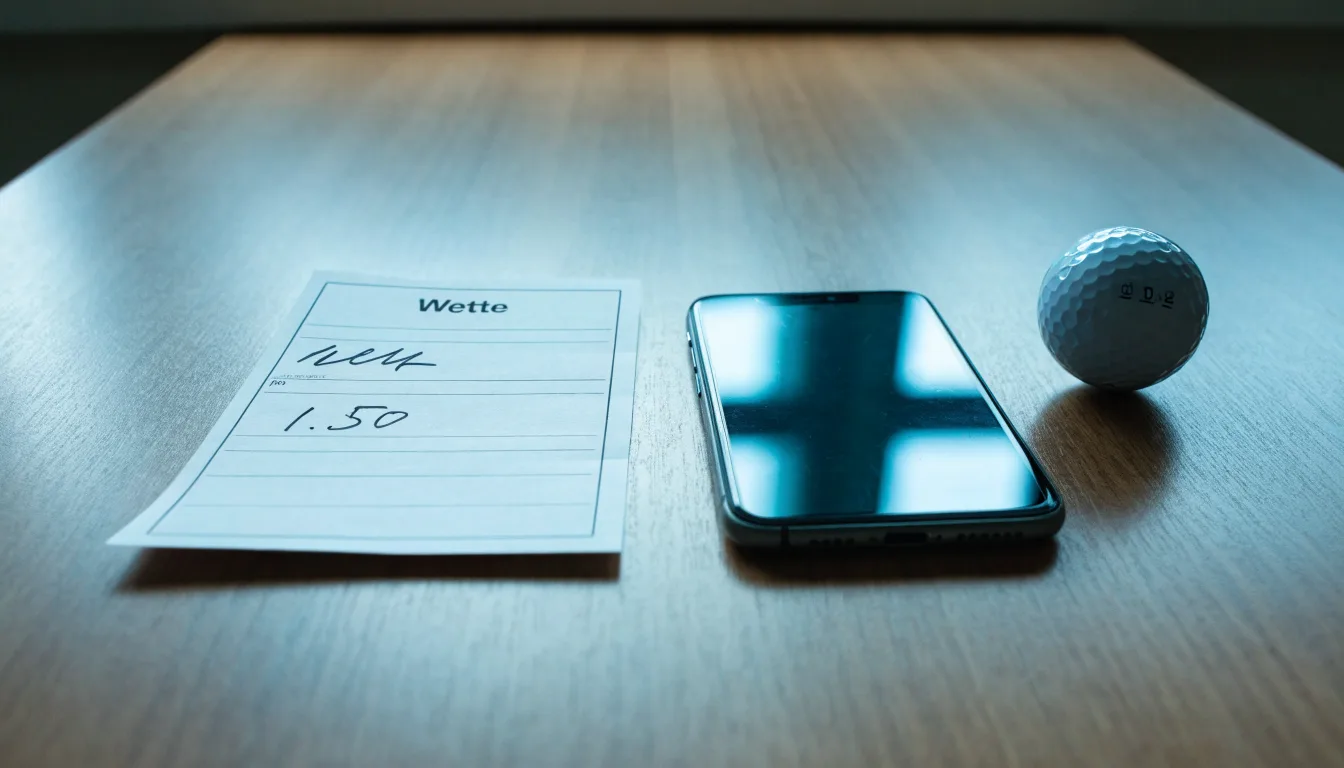 Ein leerer Wettschein aus Papier liegt neben einem Smartphone mit dunklem Display auf einem Tisch, daneben ein einzelner Golfball.
