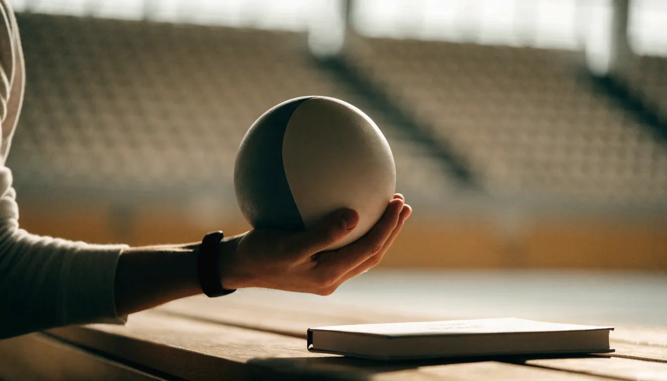 Eine Hand hält einen Handball, im Hintergrund eine unscharfe Tribüne, daneben liegt ein Notizblock auf einer Bank.