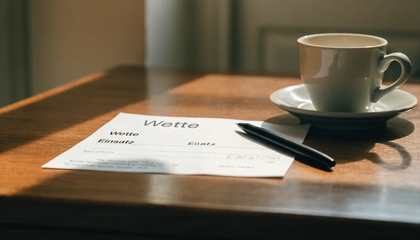 Ein leerer Wettschein aus Papier und ein Kugelschreiber liegen auf einem Schreibtisch neben einer Tasse Kaffee im Tageslicht.