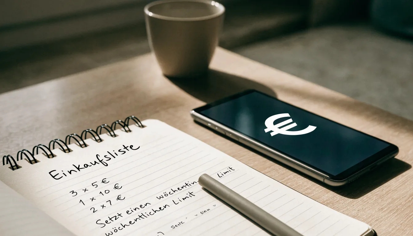Ein Notizbuch mit handschriftlichen Notizen und ein Stift liegen auf einem Holztisch neben einem Smartphone mit dunklem Bildschirm.