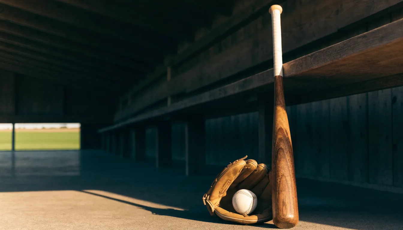 Ein Baseballschläger lehnt an einer Bank im Dugout, daneben liegen ein Handschuh und ein Ball im Licht der Nachmittagssonne.