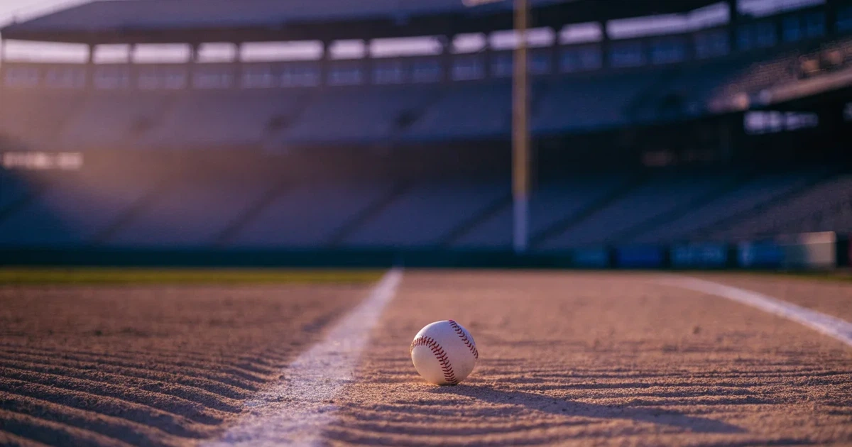 Ein Baseball liegt auf dem hellen Sand des Infields, im Hintergrund eine große Tribüne in der Abenddämmerung.
