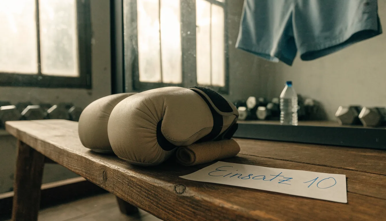 Ein Paar Kampfhandschuhe und eine Bandage liegen auf einer Holzbank in einem Trainingsraum mit Spiegelwand.
