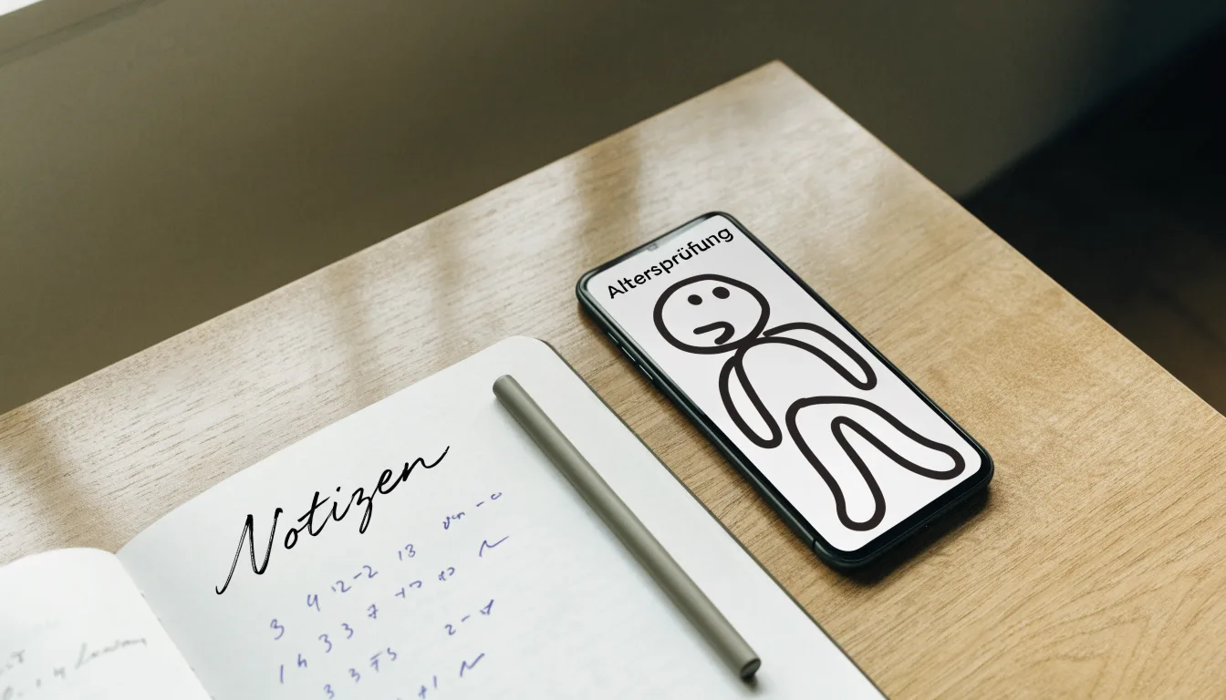 Ein Smartphone mit dunklem Display liegt neben einem Notizbuch und einem Kugelschreiber auf einem Tisch.