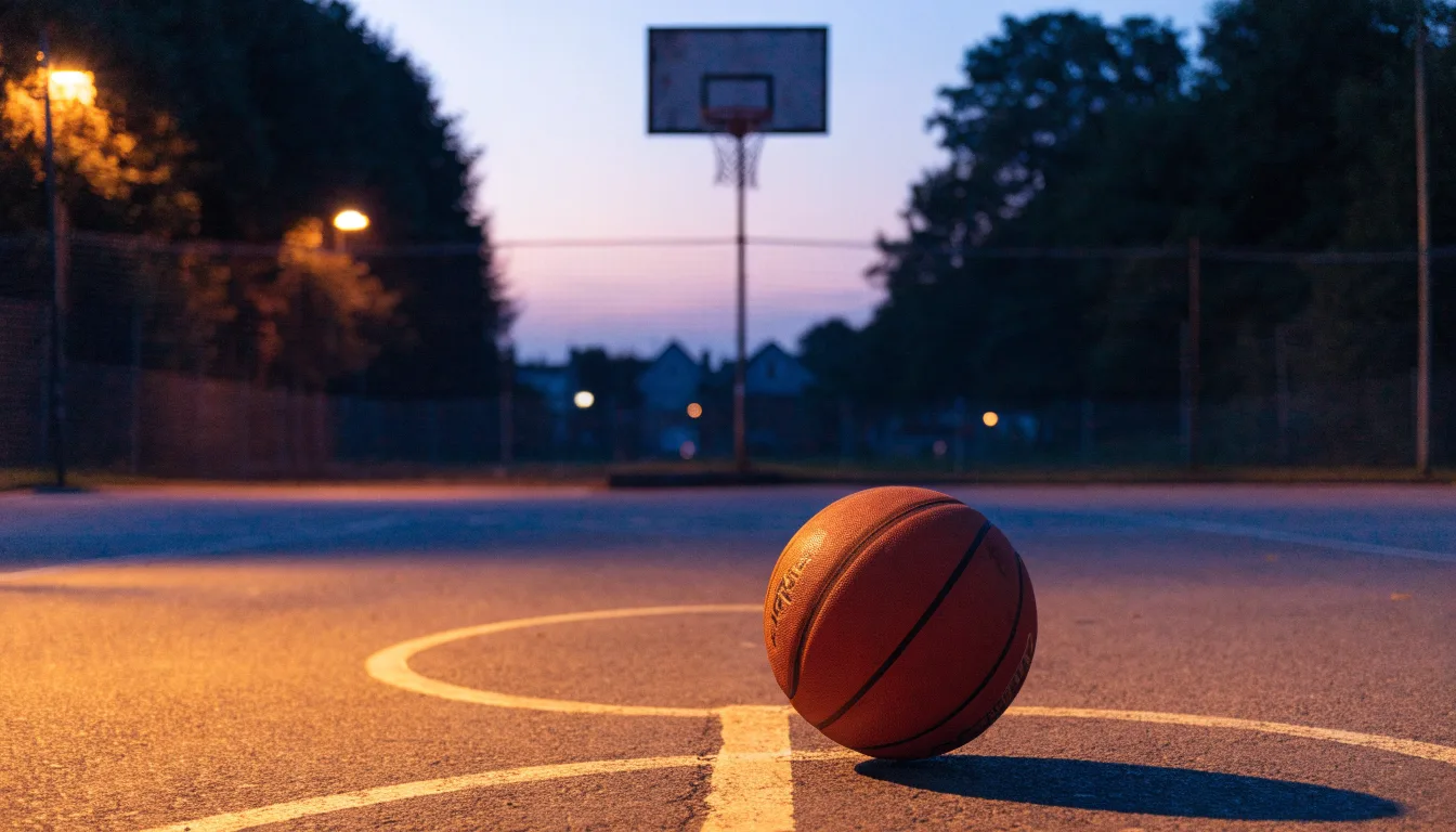 Ein Basketball rollt auf einem Freiluftplatz in der Abenddämmerung zu einem Korb, die Straßenlaternen leuchten bereits.