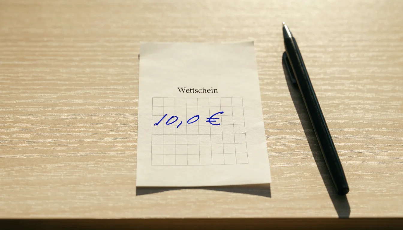 Ein leerer Wettschein aus Papier liegt neben einem Kugelschreiber auf einem Schreibtisch im Tageslicht.