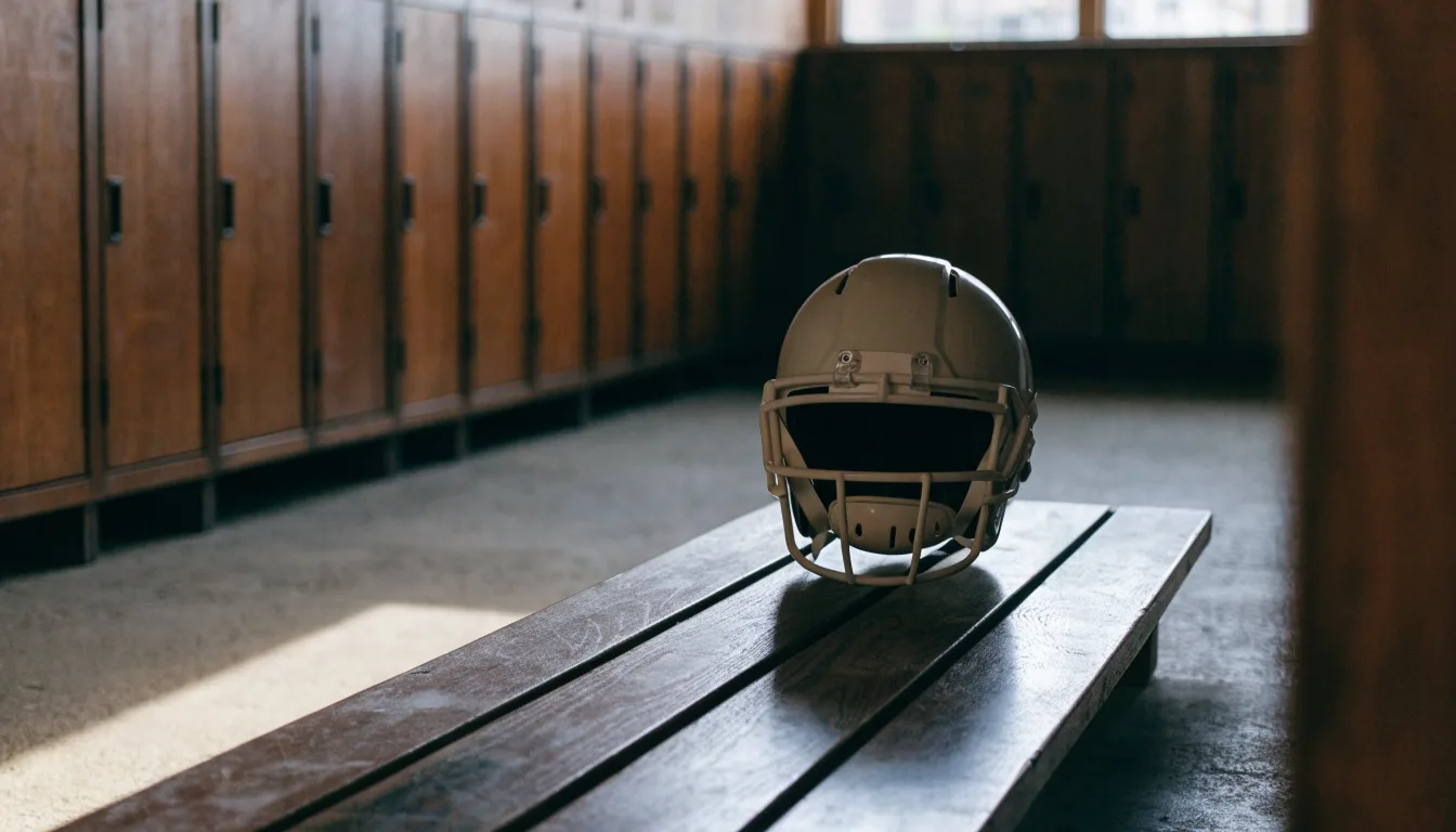 Ein neutraler Footballhelm ohne Aufdruck steht auf einer Holzbank in einer Umkleidekabine.