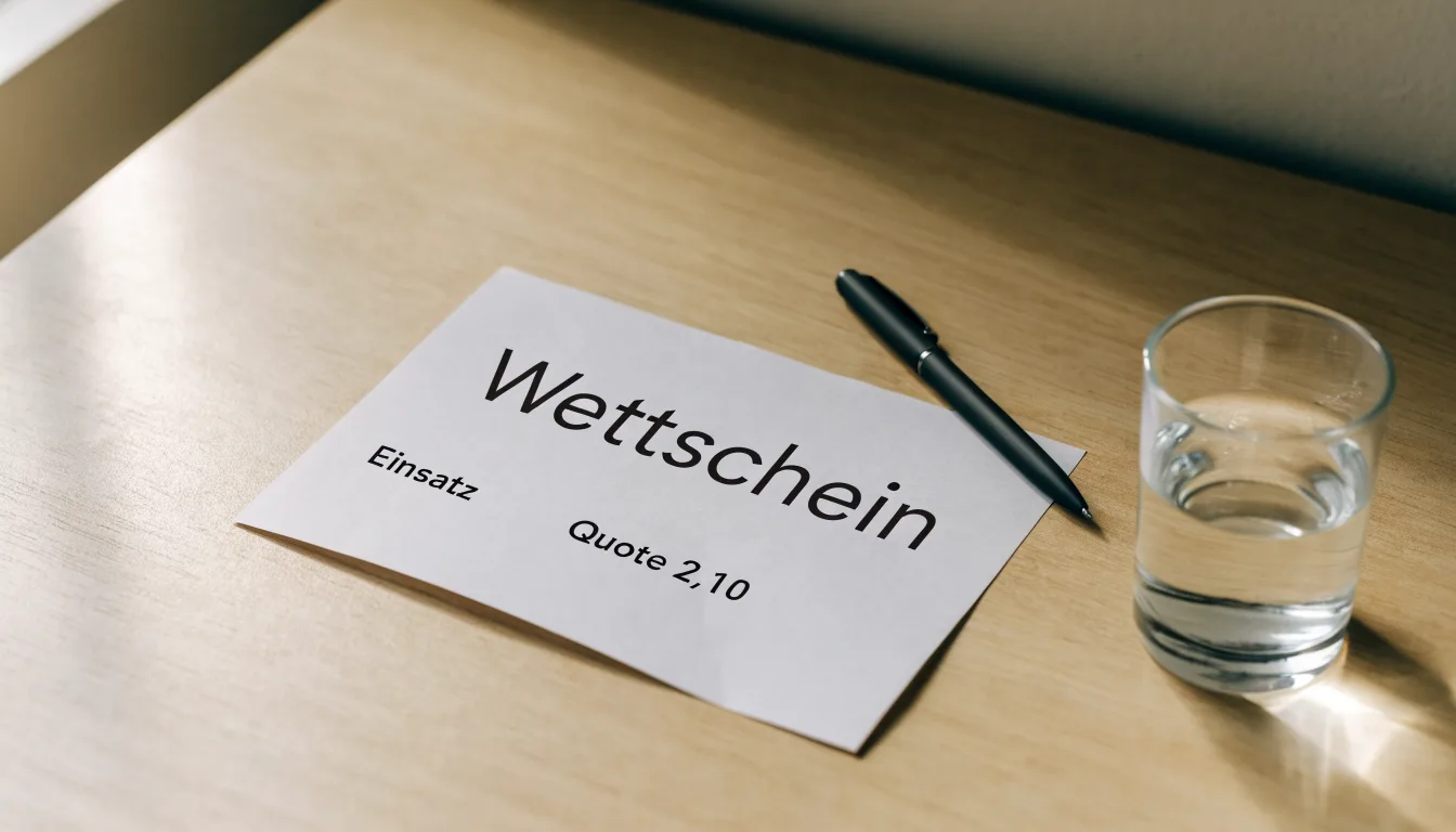 Ein leerer Wettschein aus Papier liegt neben einem Stift auf einem Tisch, daneben ein Glas Wasser.