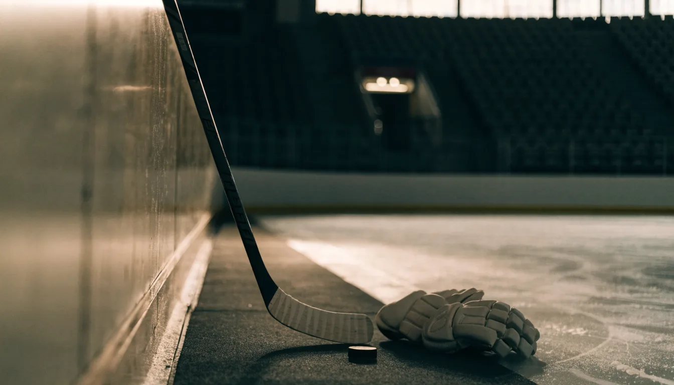 Ein Eishockeyschläger lehnt an einer Bande, daneben liegen ein Puck und ein Paar Handschuhe in einer Eishalle.