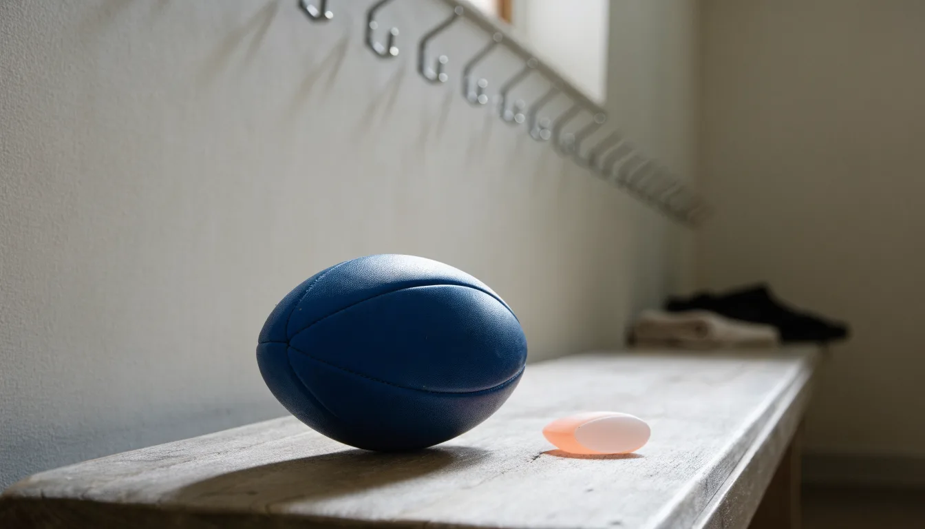 Ein Rugbyball und ein Mundschutz liegen auf einer Holzbank neben einer Reihe Kleiderhaken in einer Umkleide.