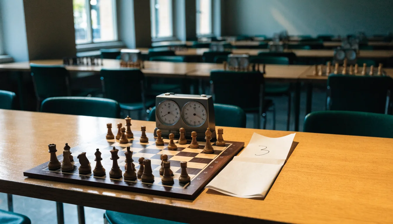 Ein Schachbrett und eine Schachuhr stehen auf einem Tisch in einem leeren Turniersaal, die Stühle sind ordentlich zurückgeschoben.