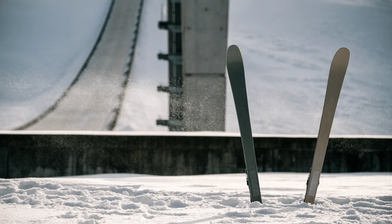 Ein Paar Skier steckt aufrecht im Schnee neben einem Anlaufturm, im Hintergrund wirbelt feiner Schnee im Wind.