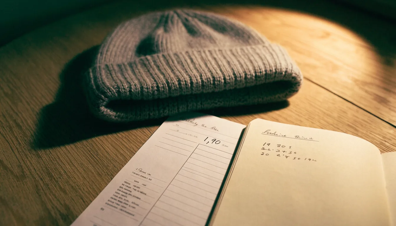 Ein leerer Wettschein aus Papier und ein Notizbuch liegen neben einer Wollmütze auf einem Holztisch.