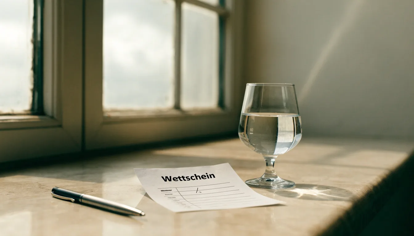 Ein leerer Wettschein aus Papier und ein Kugelschreiber liegen neben einem Glas Wasser auf einer Fensterbank.