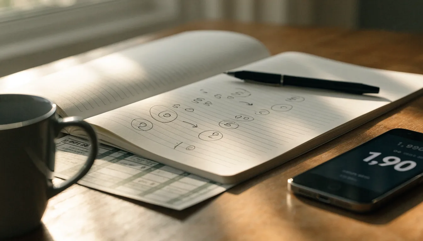 Ein aufgeschlagenes Notizbuch mit handschriftlichen Rechnungen liegt neben Stift und Smartphone auf einem Holztisch im Tageslicht.