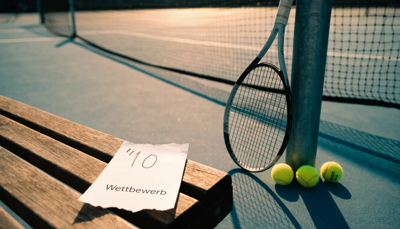 Ein Tennisschläger lehnt an einem Netzpfosten, daneben liegen drei Bälle auf einem Hartplatz in warmem Nachmittagslicht.