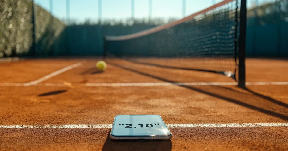 Ein Sandplatz am frühen Morgen mit frisch gezogenen Linien, einem Netz in der Mitte und einem gelben Ball auf der Grundlinie.